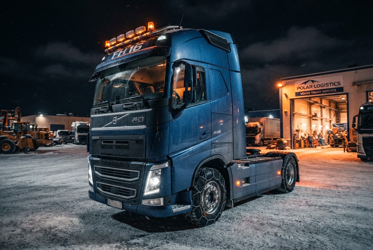 Грузовик Volvo рядом с сервисом в вечернее время